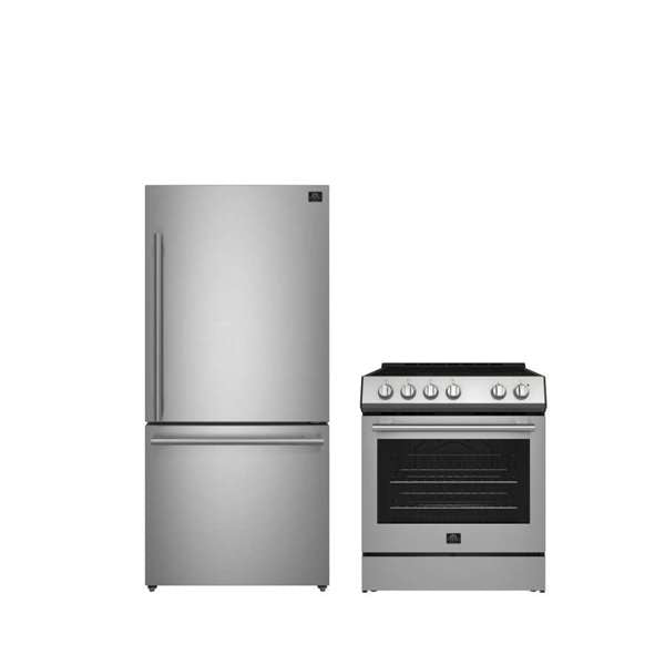 FORNO Premium 2 - Piece Kitchen Bundle - Leonardo Espresso 30" Stainless Steel Electric Range, 31" Stainless Steel Bottom Freezer Refrigerator - Ocklawaha Outpost