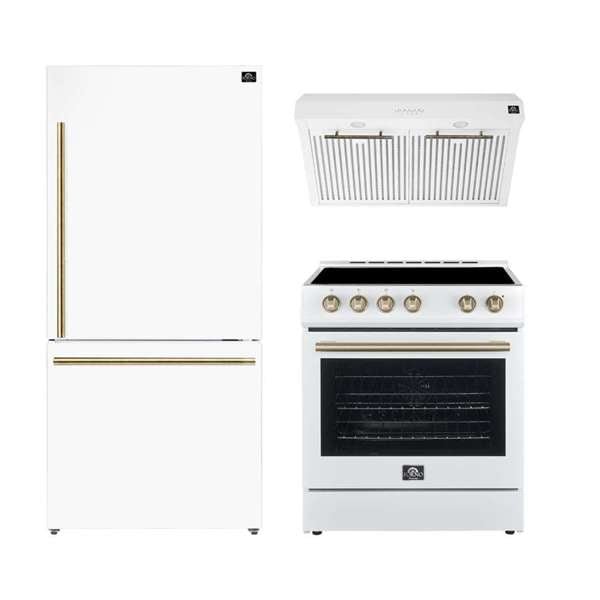 FORNO Premium 3 - Piece Kitchen Bundle - Leonardo Espresso 30" Stainless Steel Range, 31" Bottom Freezer Refrigerator, 30" Under Cabinet Range Hood - Ocklawaha Outpost