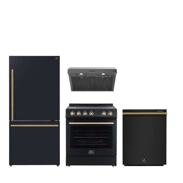 FORNO Premium 4 - Piece Kitchen Bundle - Leonardo Espresso 30" Range, 30" Range Hood, 31" Bottom Freezer Refrigerator, 24" Built - In Dishwasher - Ocklawaha Outpost