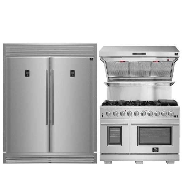 FORNO Premium 3 - Piece Kitchen Bundle - FORNO Capriasca 48" Freestanding Gas Range, FORNO Rizzuto 60" W. Dual Combo Convertible Refrigerator, FORNO 48" Wall Mount Range Hood - Ocklawaha Outpost