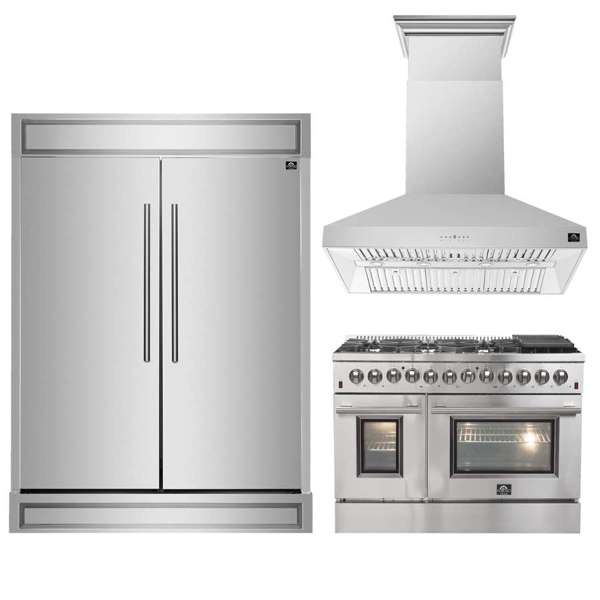 FORNO Premium 3 - Piece Kitchen Bundle - Galiano 48" Freestanding Dual Fuel Range, Maderno 60" Convertible Refrigerator/Freezer, Orvieto 48" Wall Mount Range Hood - Ocklawaha Outpost