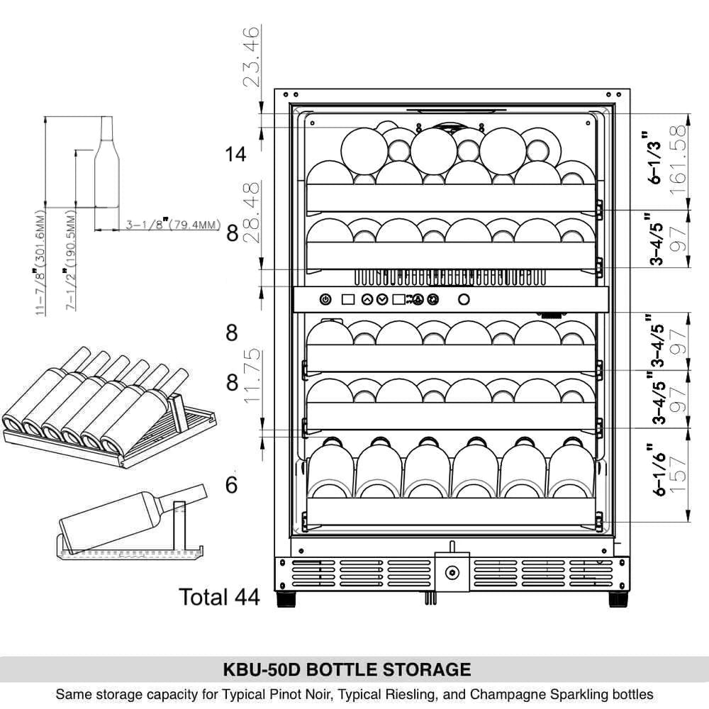 KingsBottle 44 Bottles 24 Inch Under Counter Dual Zone Wine Cooler Drinks - Ocklawaha Outpost